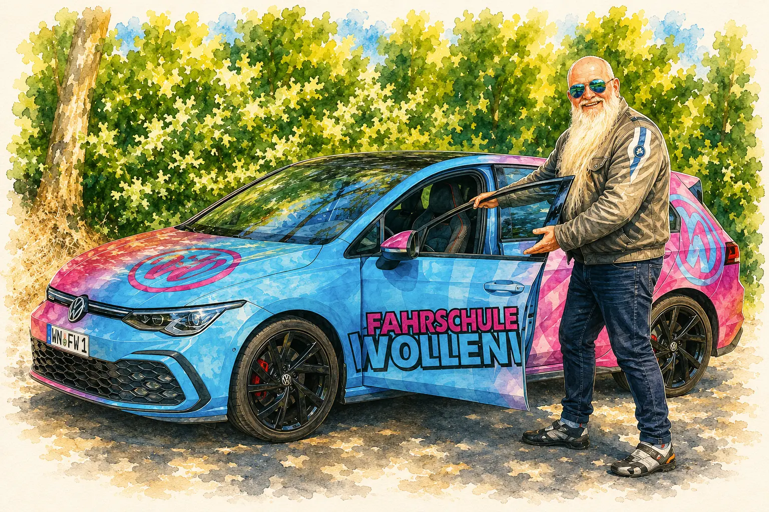 Michael Wollenweber lädt am geöffneten Fahrschulauto zum Einsteigen ein.