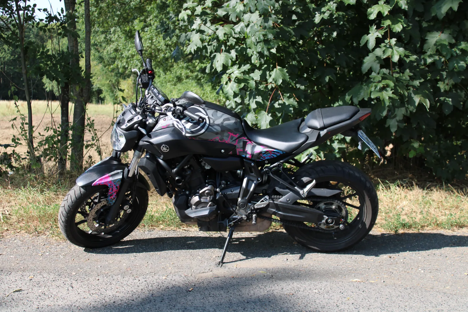 Foliertes Ausbildungsmotorrad der Fahrschule Wollenweber am Waldrand.